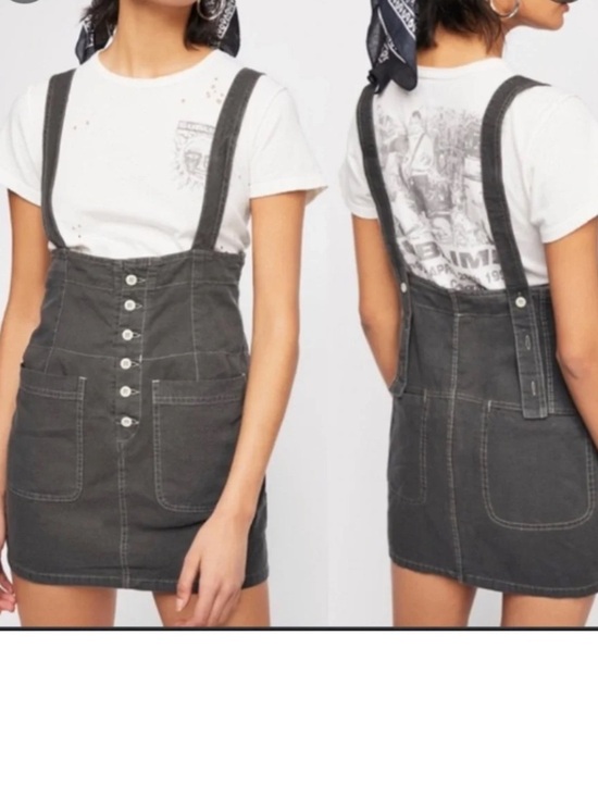 Free People Denim - Free People cotton Charcoal Button-Front Pinafore Mini Skirt